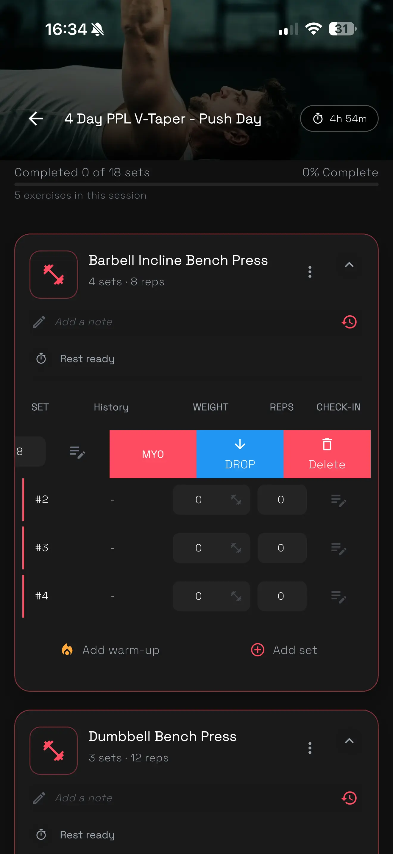 OpenLift advanced set action menu with Myo-Reps and Drop Set options.