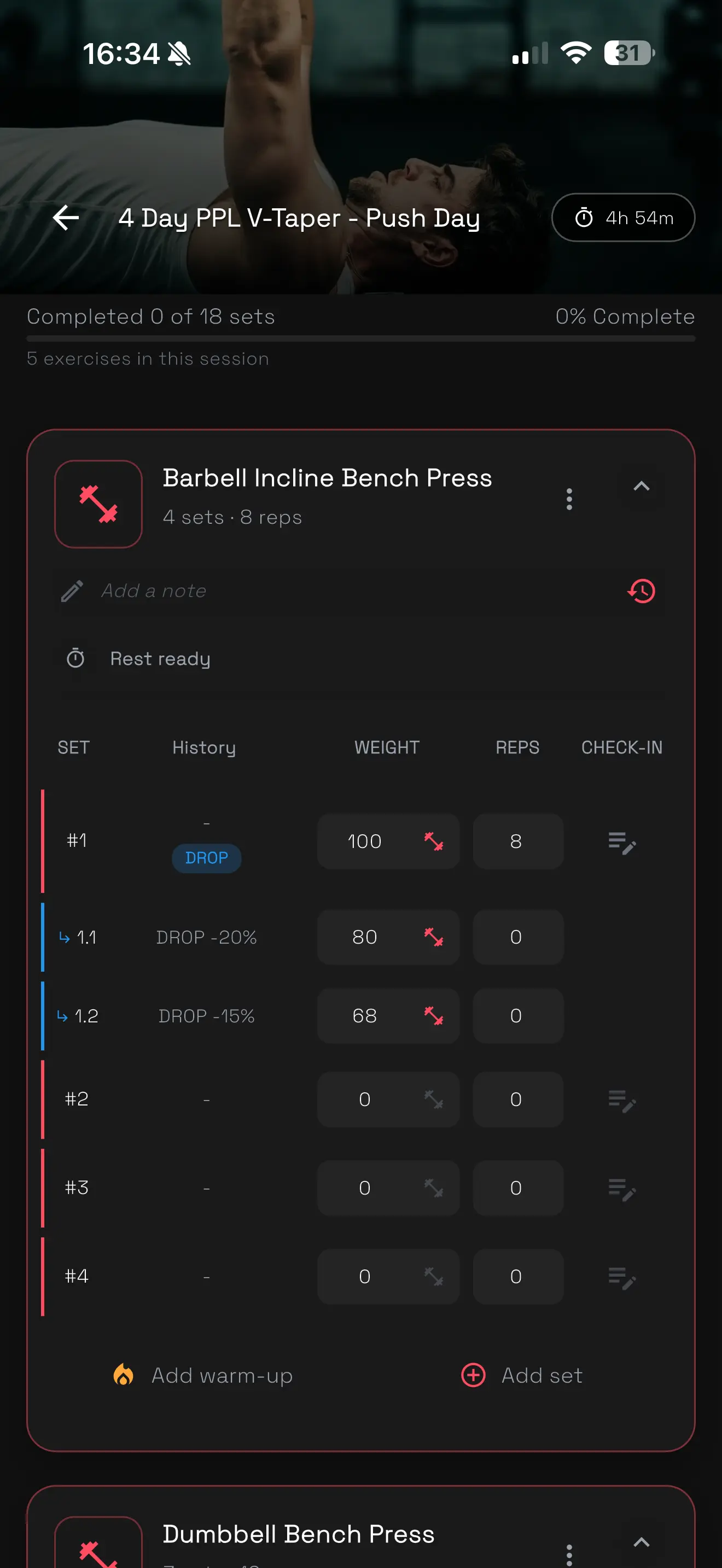 OpenLift Drop Set structure with a 100 kg main set, then 80 kg and 68 kg drop segments.