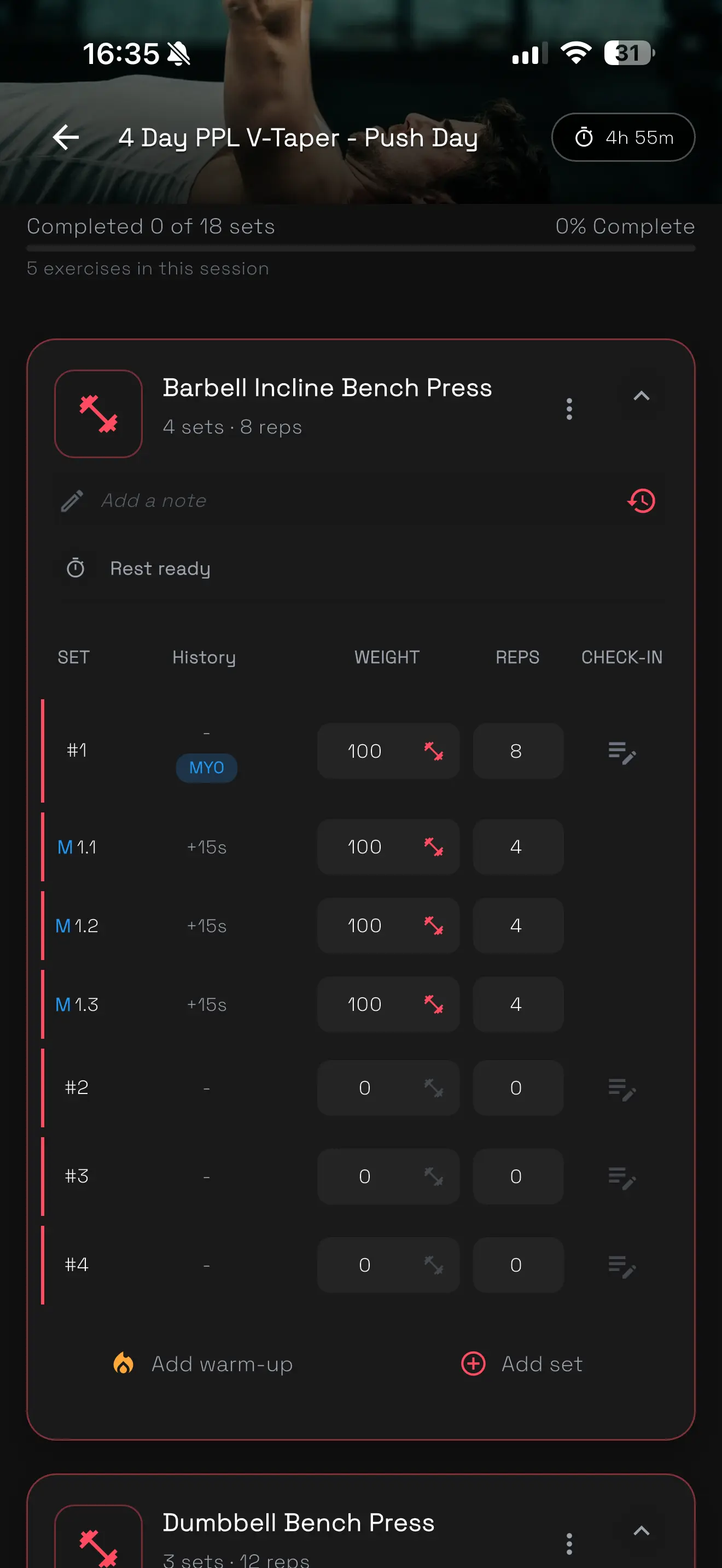 OpenLift Set Tracker showing a Myo-Reps activation set followed by three plus 15 second mini-set rows.