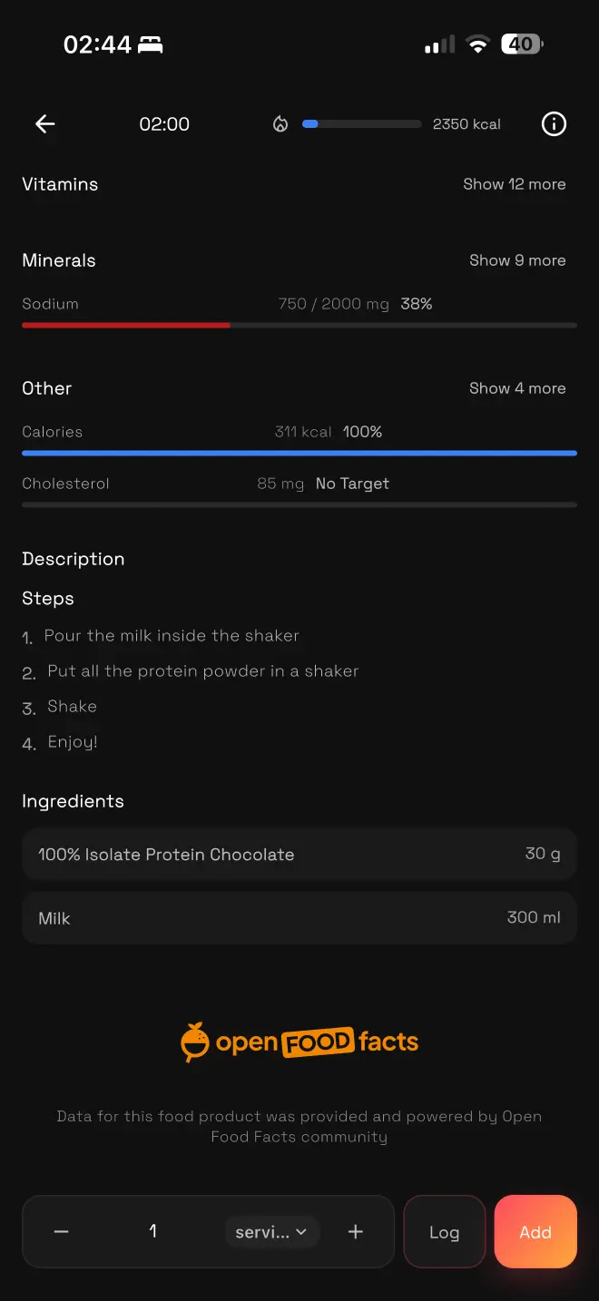 Nutrition dashboard with active goals